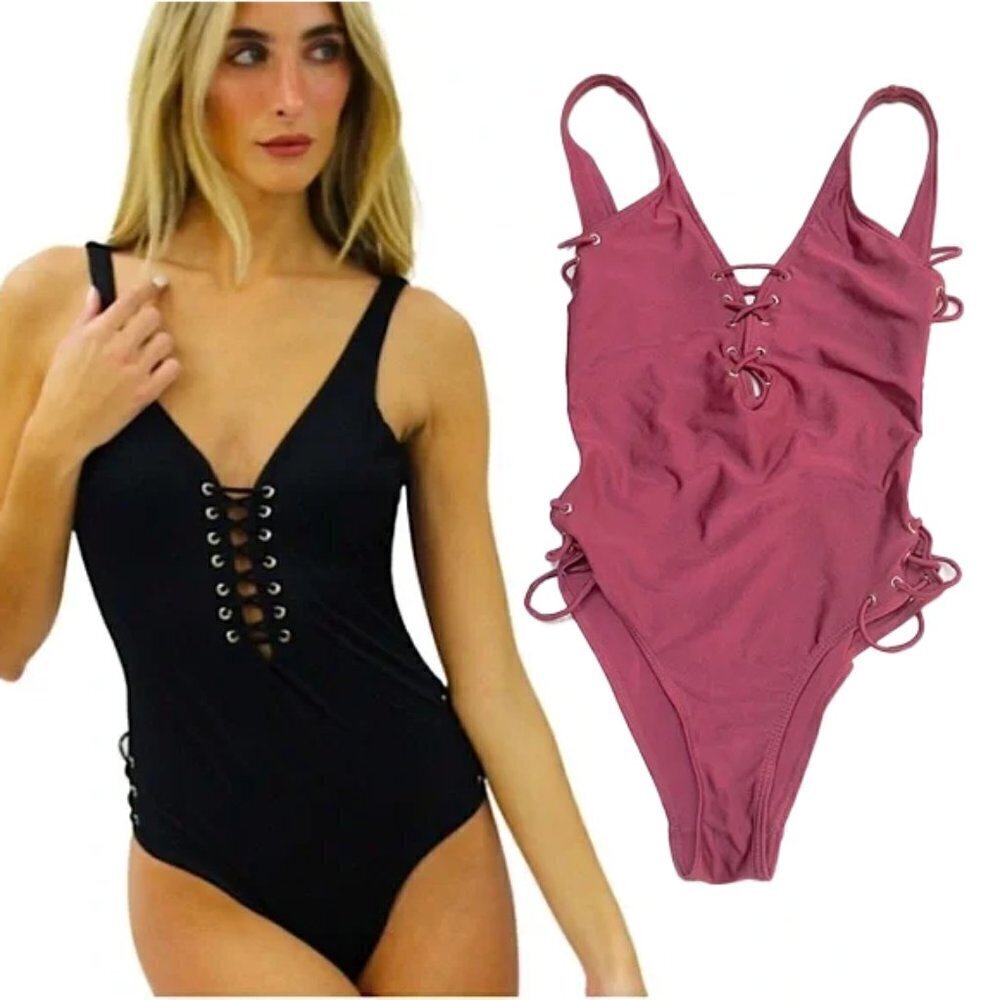 TINIBIKINI Front&Side Tie Ribbed
Compression Black One-Piece size small